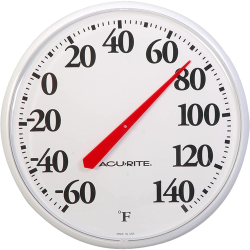 White 12-inch diameter indoor outdoor thermometer with large black numbers and red needle, Fahrenheit scale, water-resistant for farm, garden, and outdoor use in best sellers and promo collections.