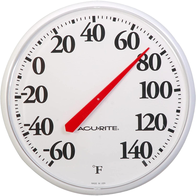 White 12-inch diameter indoor outdoor thermometer with large black numbers and red needle, Fahrenheit scale, water-resistant for farm, garden, and outdoor use in best sellers and promo collections.