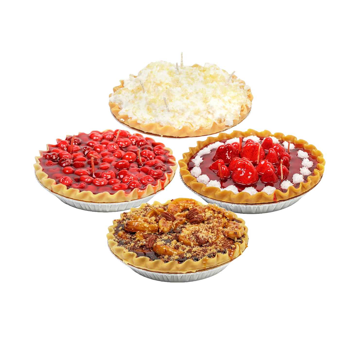 Four handcrafted scented dessert candles styled to resemble cherry, strawberry, pecan, and coconut cream pies, featured in USA made and kitchen collections.
