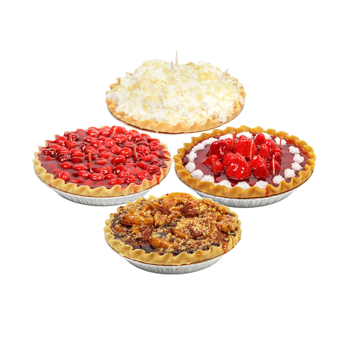Four handcrafted scented dessert candles styled to resemble cherry, strawberry, pecan, and coconut cream pies, featured in USA made and kitchen collections.