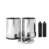 Highly polished stainless steel water filtration system with two black filter elements, featuring removable lid and spigot, designed for emergency supplies and household water treatment collections.