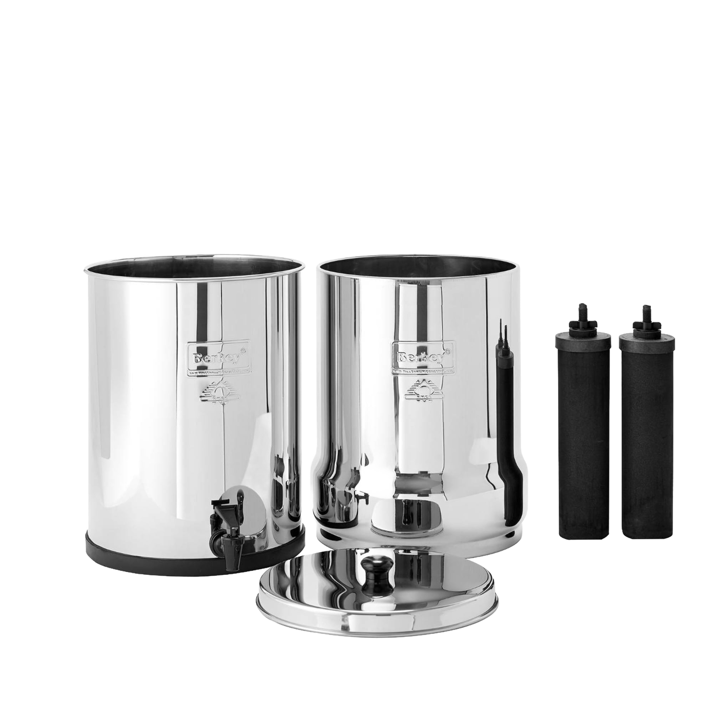 Highly polished stainless steel water filtration system with two black filter elements, featuring removable lid and spigot, designed for emergency supplies and household water treatment collections.