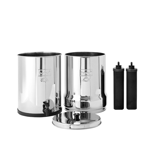 Highly polished stainless steel water filtration system with two black filter elements, featuring removable lid and spigot, designed for emergency supplies and household water treatment collections.