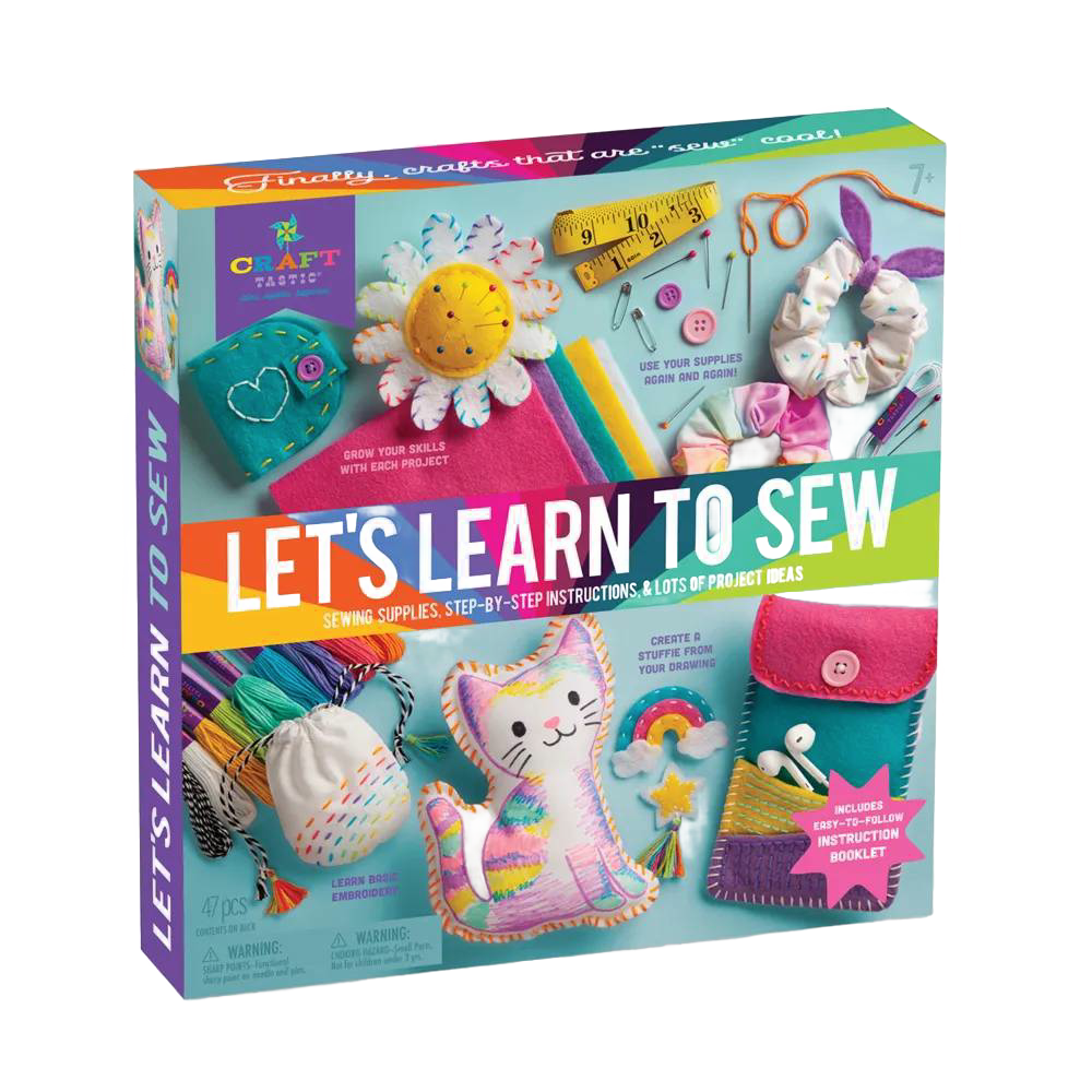 Colorful sewing craft kit box featuring felt fabric pieces, thread, measuring tape, buttons, and child-friendly sewing projects, perfect for children's arts and crafts and toy collections.