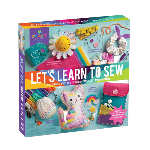 Colorful sewing craft kit box featuring felt fabric pieces, thread, measuring tape, buttons, and child-friendly sewing projects, perfect for children's arts and crafts and toy collections.