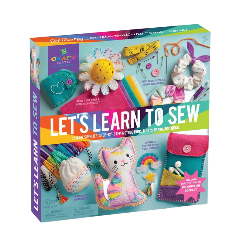 Colorful sewing craft kit box featuring felt fabric pieces, thread, measuring tape, buttons, and child-friendly sewing projects, perfect for children's arts and crafts and toy collections.