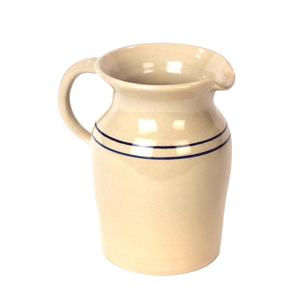 Handcrafted glazed stoneware pitcher in cream with blue stripes, lead-free and made in USA, perfect for serving drinks or as a decorative vase, featured in Kitchen & Food and Dinnerware collections.