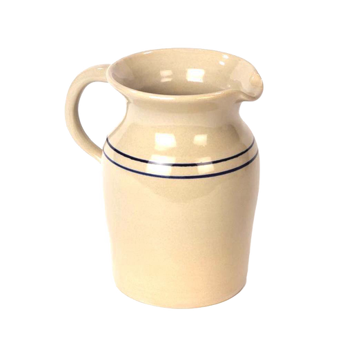 Handcrafted glazed stoneware pitcher in cream with blue stripes, lead-free and made in USA, perfect for serving drinks or as a decorative vase, featured in Kitchen & Food and Dinnerware collections.