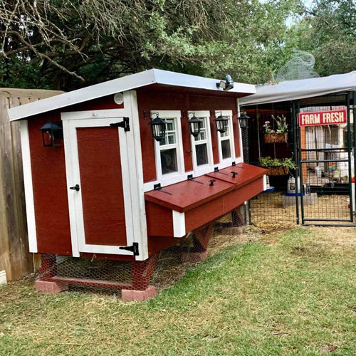Handcrafted Amish-made heavy-duty wooden chicken coop in red with white trim, featuring secure access door, multiple windows, nesting box, and wire mesh enclosure, ideal for Farm, Garden & Tool, Chicken Accessories, USA Made, Amish Made, and Best Sellers collections.