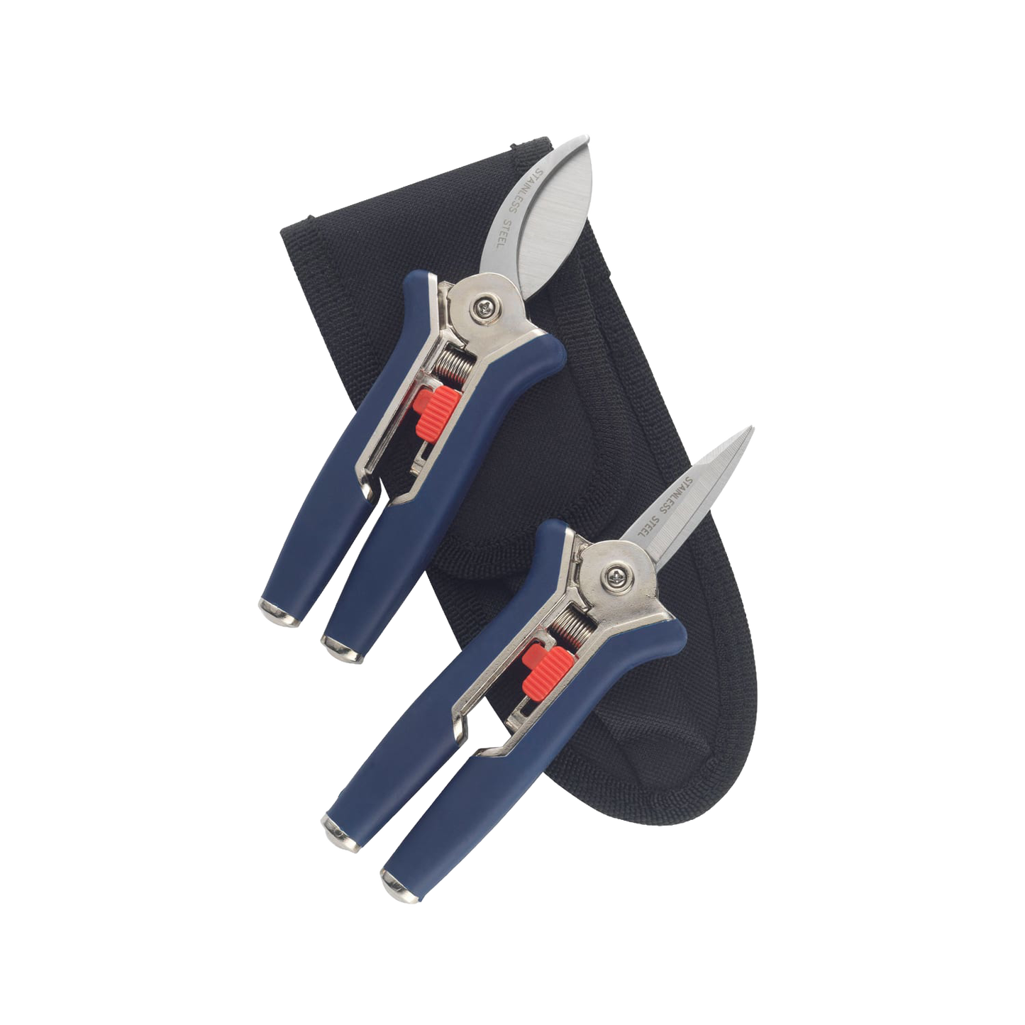 Compact mini pruner set with blue handles, including straight and curved blades, accompanied by a black canvas case, ideal for Farm, Garden & Tool and Lawncare collections.