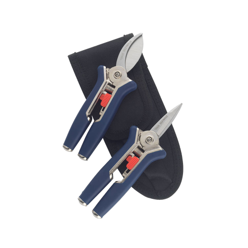 Compact mini pruner set with blue handles, including straight and curved blades, accompanied by a black canvas case, ideal for Farm, Garden & Tool and Lawncare collections.