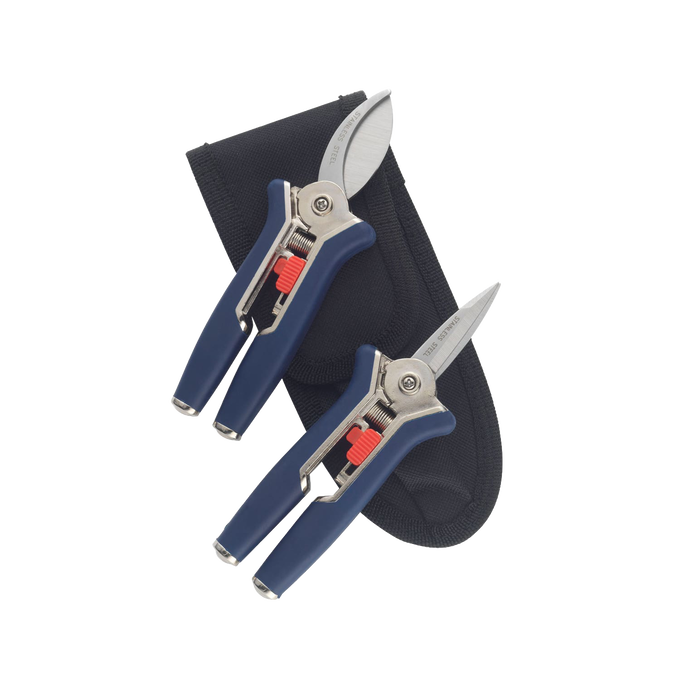 Compact mini pruner set with blue handles, including straight and curved blades, accompanied by a black canvas case, ideal for Farm, Garden & Tool and Lawncare collections.