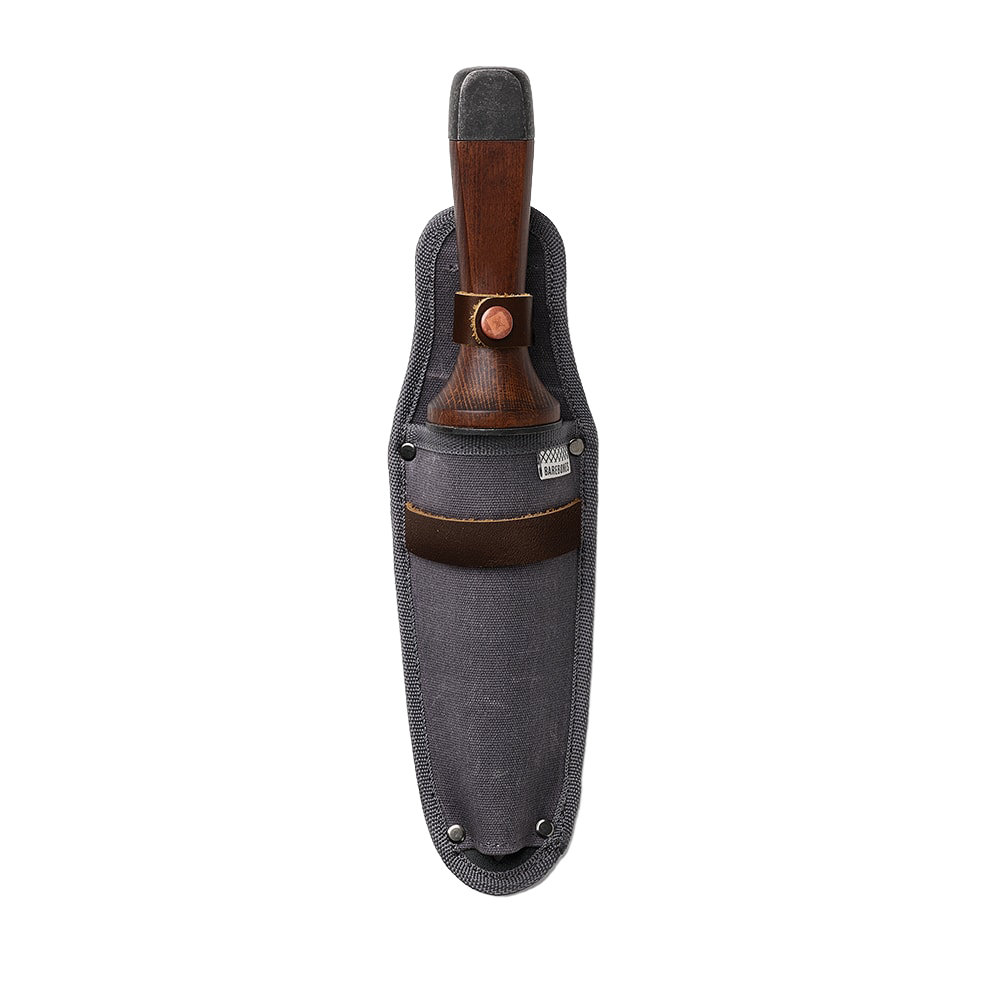Garden hand tool with a solid wood handle and heat-treated stainless steel blade, housed in a durable gray canvas sheath, featured in Farm, Garden & Tool and Digging and Cultivating collections.