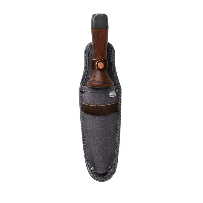 Garden hand tool with a solid wood handle and heat-treated stainless steel blade, housed in a durable gray canvas sheath, featured in Farm, Garden & Tool and Digging and Cultivating collections.