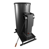 Black metal pellet heater with hopper and vertical combustion chamber, featuring a wooden-handled tool, designed for efficient heating in stove and heatstove collections.