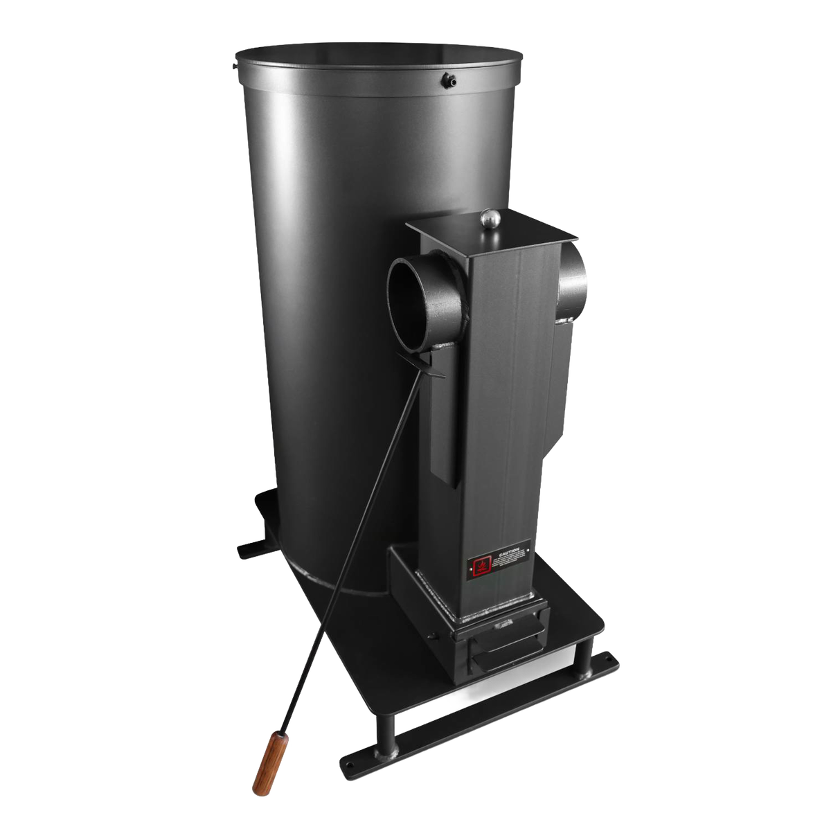 Black metal pellet heater with hopper and vertical combustion chamber, featuring a wooden-handled tool, designed for efficient heating in stove and heatstove collections.