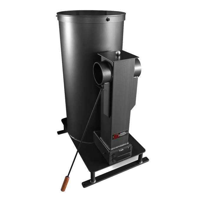 Black metal pellet heater with hopper and vertical combustion chamber, featuring a wooden-handled tool, designed for efficient heating in stove and heatstove collections.