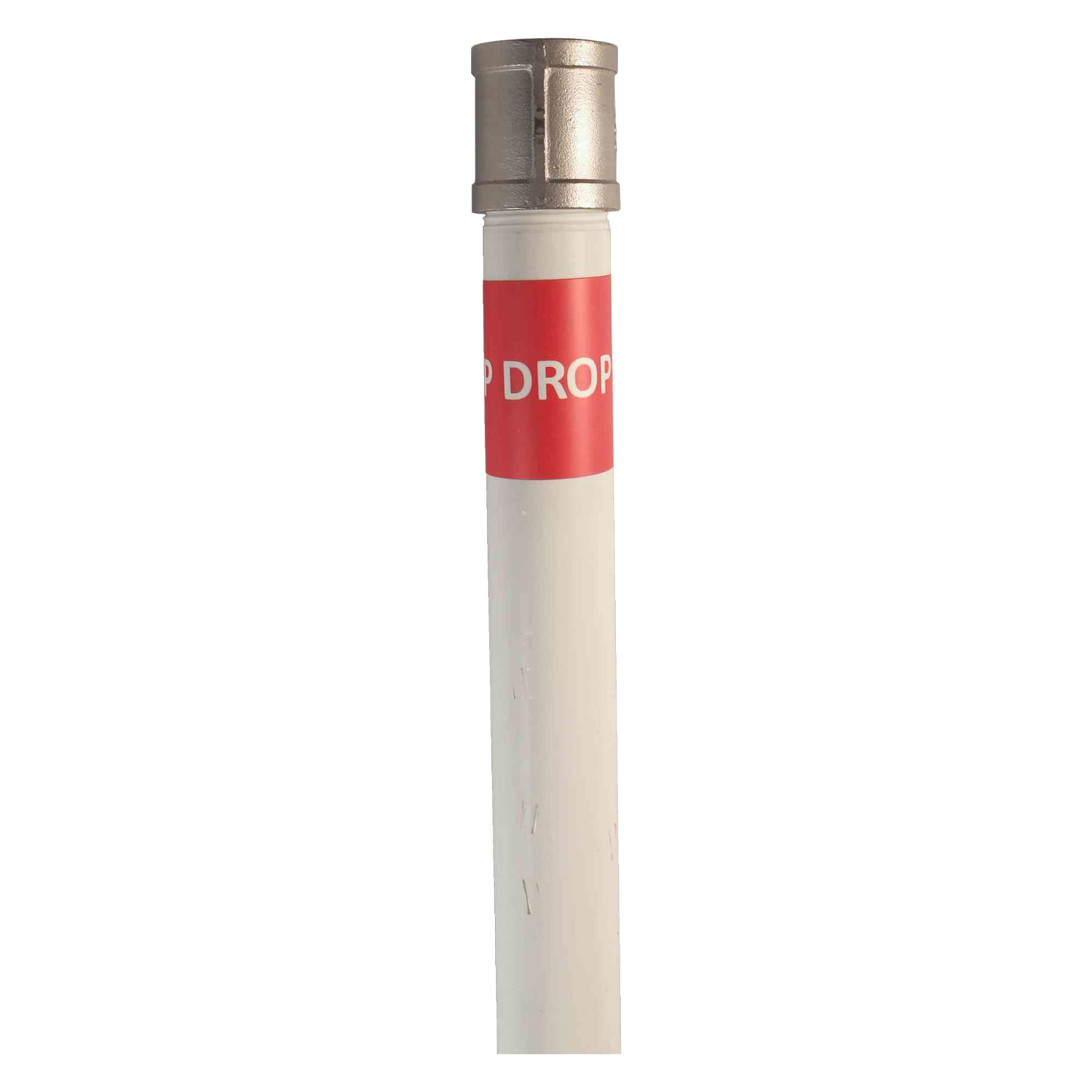 White PVC drop pipe segment with metal lift rod connection and red label, handcrafted and made in USA, designed for deep well pumps and water pump parts.