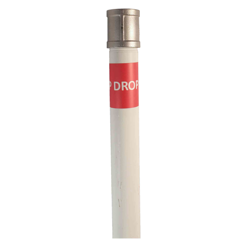 White PVC drop pipe segment with metal lift rod connection and red label, handcrafted and made in USA, designed for deep well pumps and water pump parts.