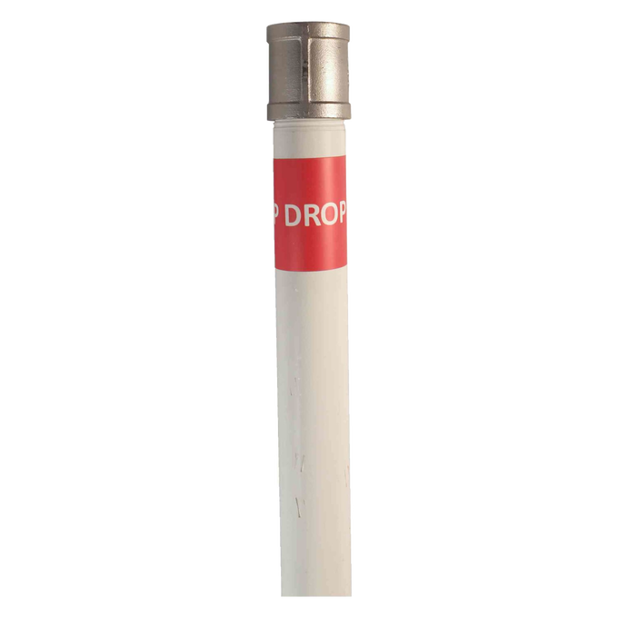 White PVC drop pipe segment with metal lift rod connection and red label, handcrafted and made in USA, designed for deep well pumps and water pump parts.
