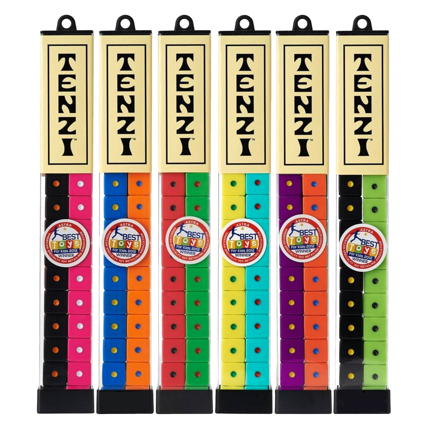 Six sets of colorful dice in clear vertical containers labeled with bold lettering, each featuring pairs of vibrant colors, ideal for Toys, Books & Games, Table and Board Games, and Best Sellers collections.
