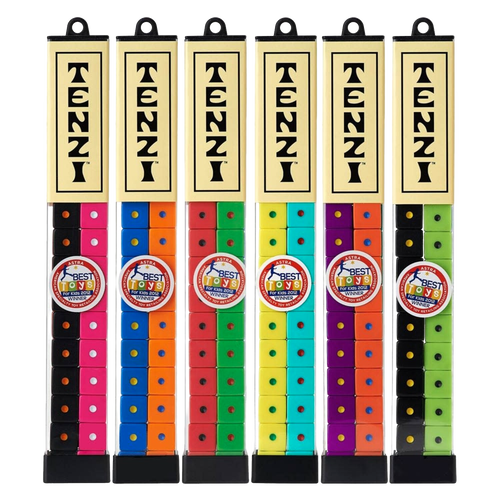 Six sets of colorful dice in clear vertical containers labeled with bold lettering, each featuring pairs of vibrant colors, ideal for Toys, Books & Games, Table and Board Games, and Best Sellers collections.