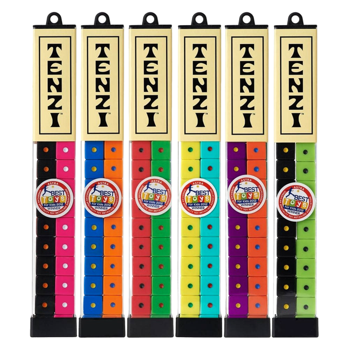 Six sets of colorful dice in clear vertical containers labeled with bold lettering, each featuring pairs of vibrant colors, ideal for Toys, Books & Games, Table and Board Games, and Best Sellers collections.