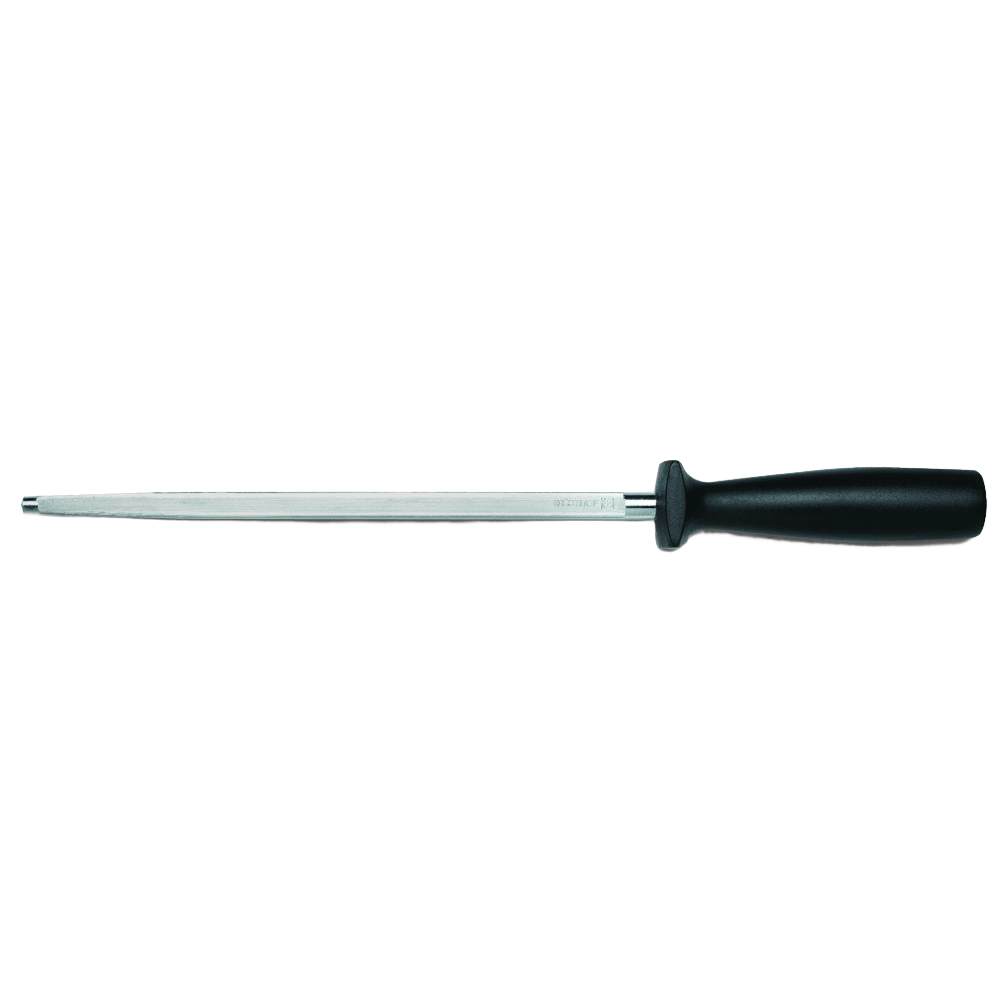 Honing steel with grooved metal rod and slip-resistant textured black handle designed to realign knife edges, suitable for Kitchen & Food, Knives & Axes, and Sharpening collections.
