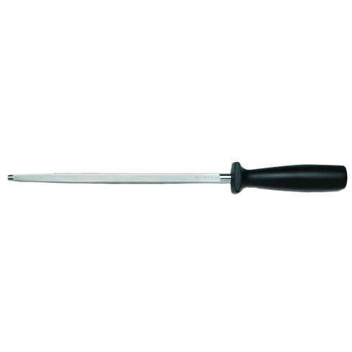 Honing steel with grooved metal rod and slip-resistant textured black handle designed to realign knife edges, suitable for Kitchen & Food, Knives & Axes, and Sharpening collections.