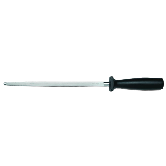 Honing steel with grooved metal rod and slip-resistant textured black handle designed to realign knife edges, suitable for Kitchen & Food, Knives & Axes, and Sharpening collections.