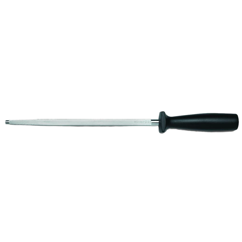 Honing steel with grooved metal rod and slip-resistant textured black handle designed to realign knife edges, suitable for Kitchen & Food, Knives & Axes, and Sharpening collections.