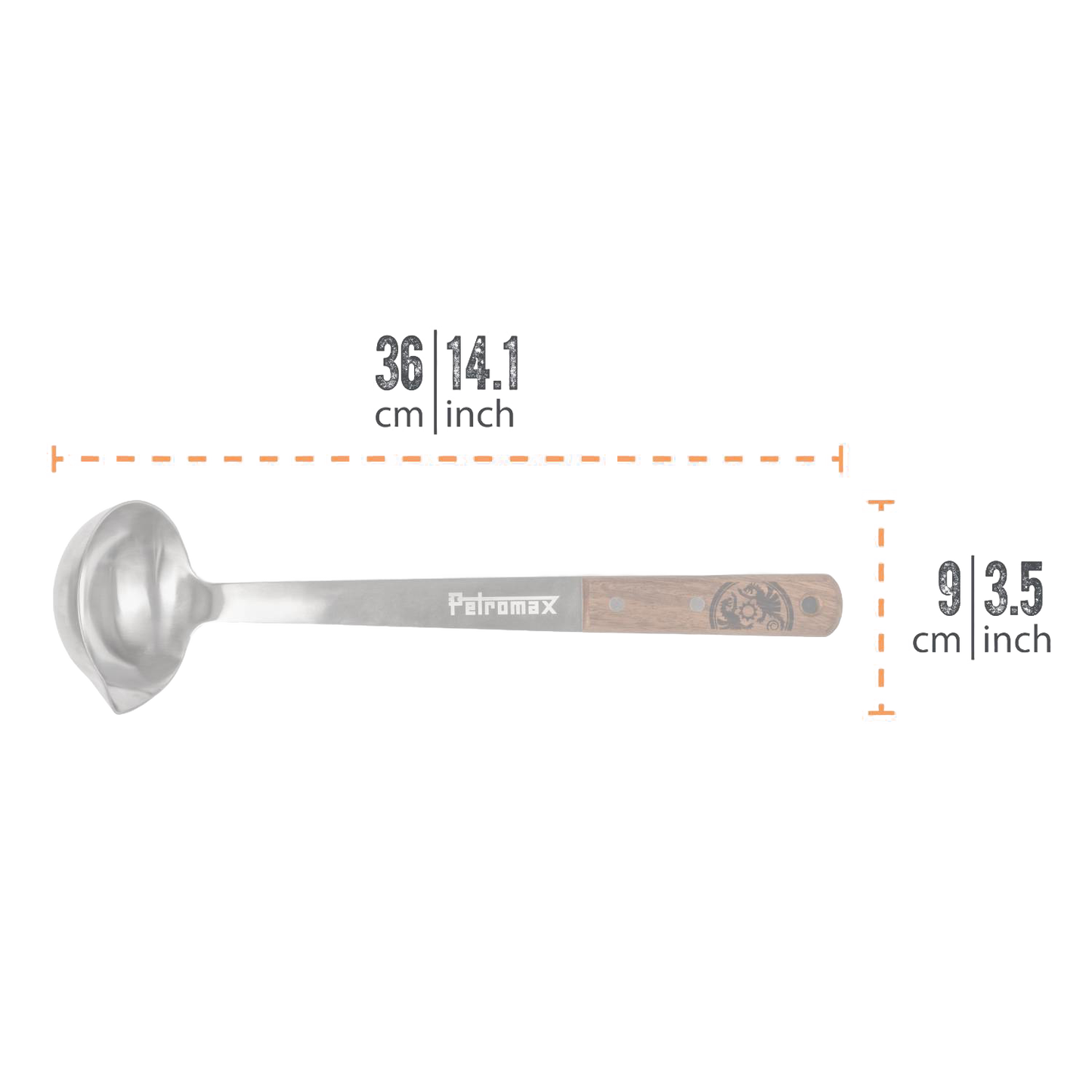 Handcrafted ladle with a large stainless steel bowl and wooden handle engraved with logo, designed for generous soup serving in Farm, Garden & Tool, Kitchen & Food, and Camping collections.