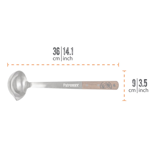 Handcrafted ladle with a large stainless steel bowl and wooden handle engraved with logo, designed for generous soup serving in Farm, Garden & Tool, Kitchen & Food, and Camping collections.