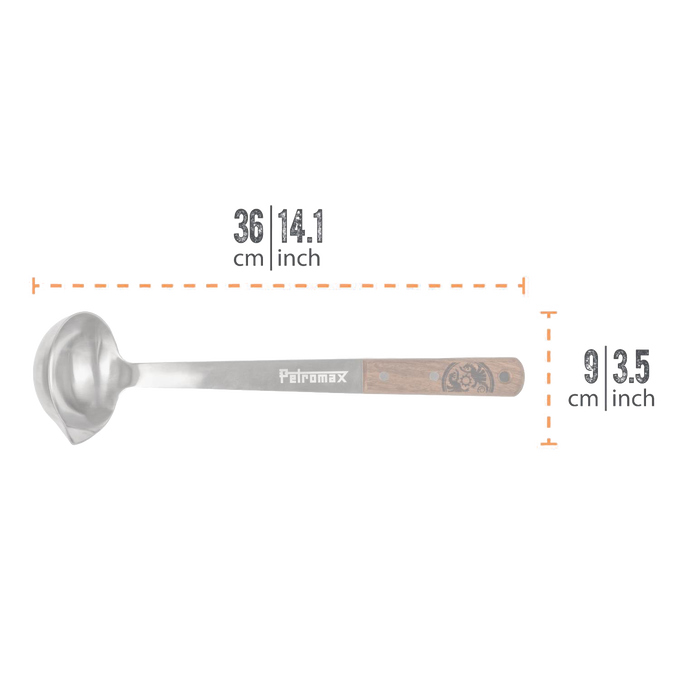 Handcrafted ladle with a large stainless steel bowl and wooden handle engraved with logo, designed for generous soup serving in Farm, Garden & Tool, Kitchen & Food, and Camping collections.