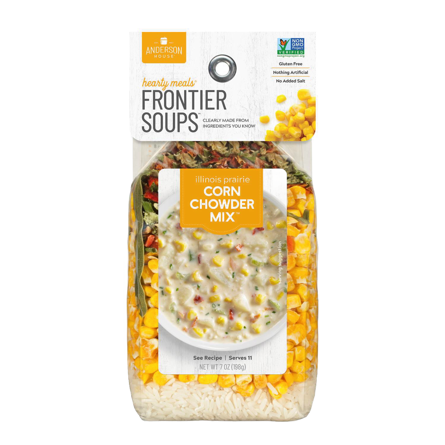 Clear package of handcrafted gluten-free corn chowder soup mix made with natural dried corn, rice, and vegetables; part of Kitchen & Food, Pantry, Dry Goods and Mixes, Soups, Best Sellers, and Promo Eligible collections.