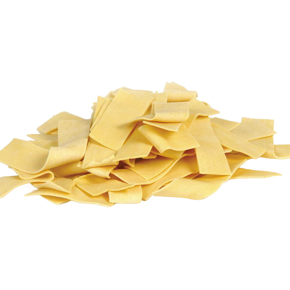 Pile of handcrafted wide egg noodles with a rich yellow color, made in USA, perfect for Kitchen & Food, Pantry, Food, USA Made, Best Sellers, and Promo Eligible collections.