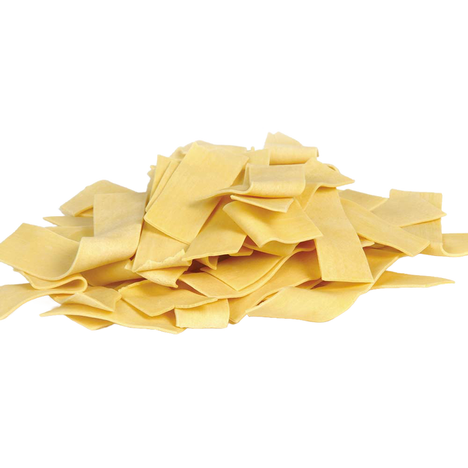 Pile of handcrafted wide egg noodles with a rich yellow color, made in USA, perfect for Kitchen & Food, Pantry, Food, USA Made, Best Sellers, and Promo Eligible collections.