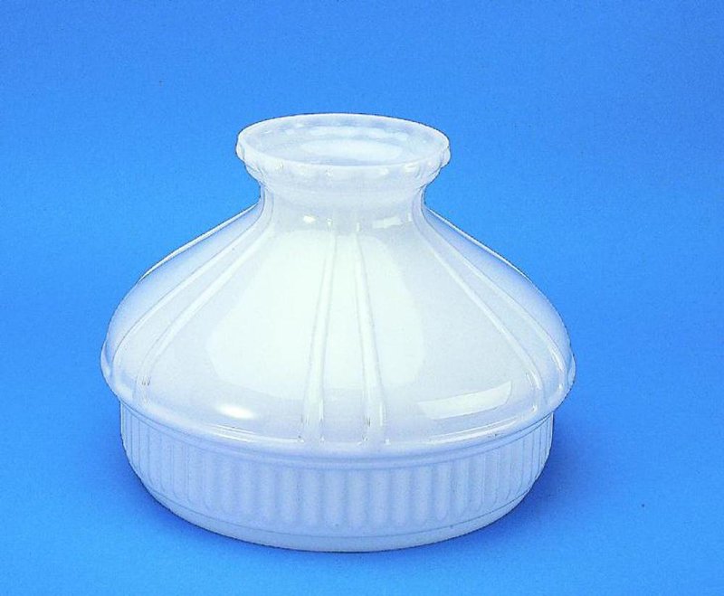 Handcrafted opal white glass oil lamp shade with a ribbed and fluted design, fitting lamps with a 10-inch shade ring, featured in lamps and lighting and parts and accessories collections.