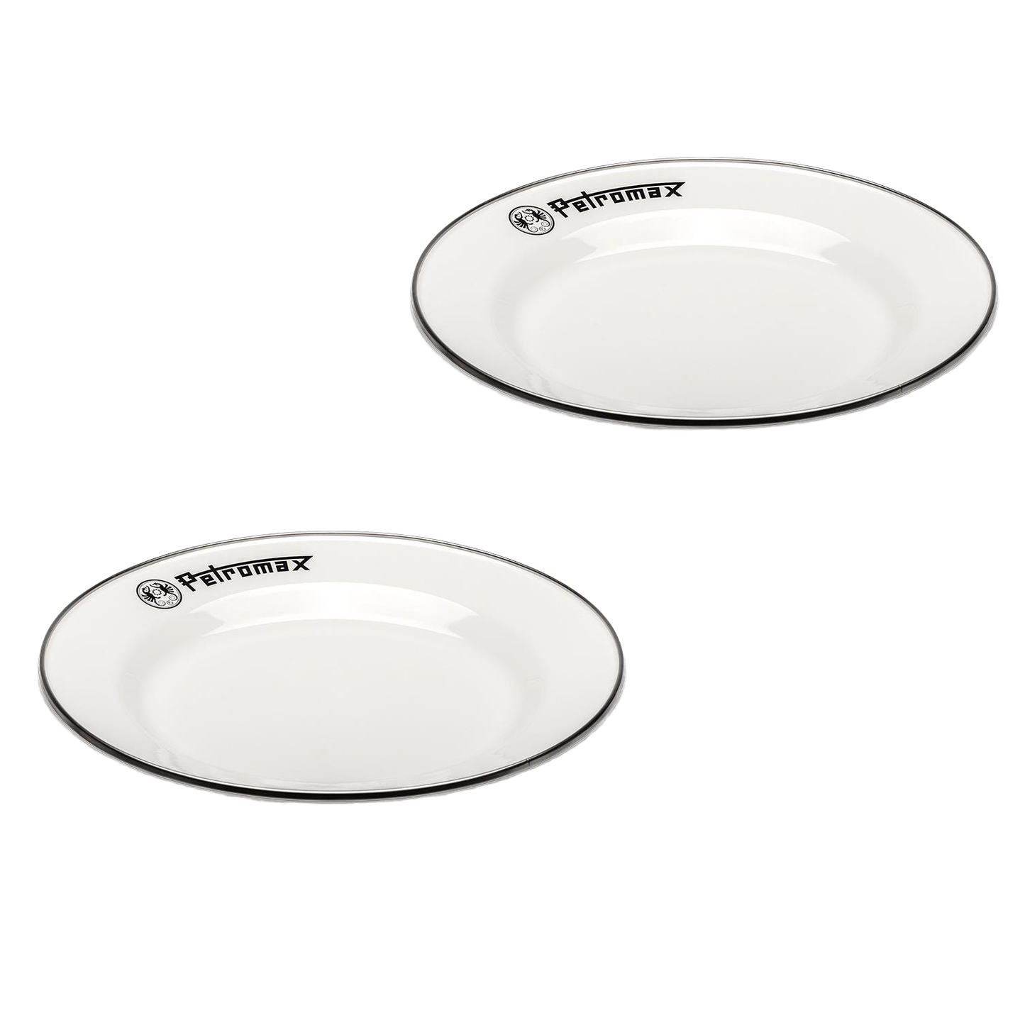 Two white enamel plates with black rims and logo, lightweight and durable, designed for Farm, Garden & Tool, Kitchen & Food, Camping, Dinnerware, Best Sellers, and Promo Eligible collections.