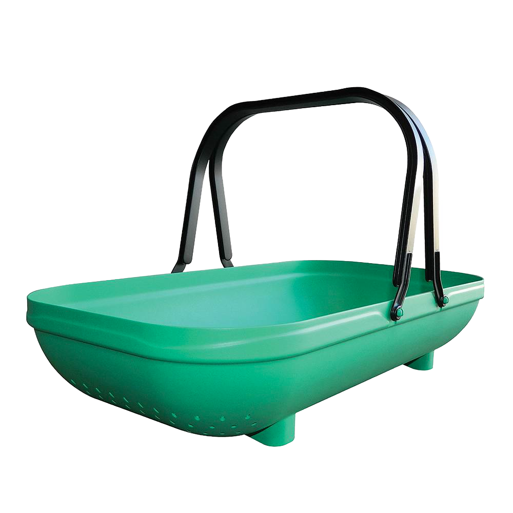 Green plastic colander trug with black carry handles and built-in legs for upright standing, an economical tool for easy garden harvesting and washing in Farm, Garden & Tool collections.