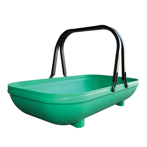 Green plastic colander trug with black carry handles and built-in legs for upright standing, an economical tool for easy garden harvesting and washing in Farm, Garden & Tool collections.