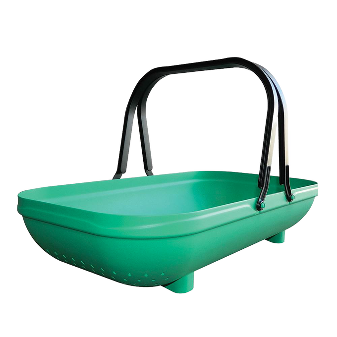 Green plastic colander trug with black carry handles and built-in legs for upright standing, an economical tool for easy garden harvesting and washing in Farm, Garden & Tool collections.