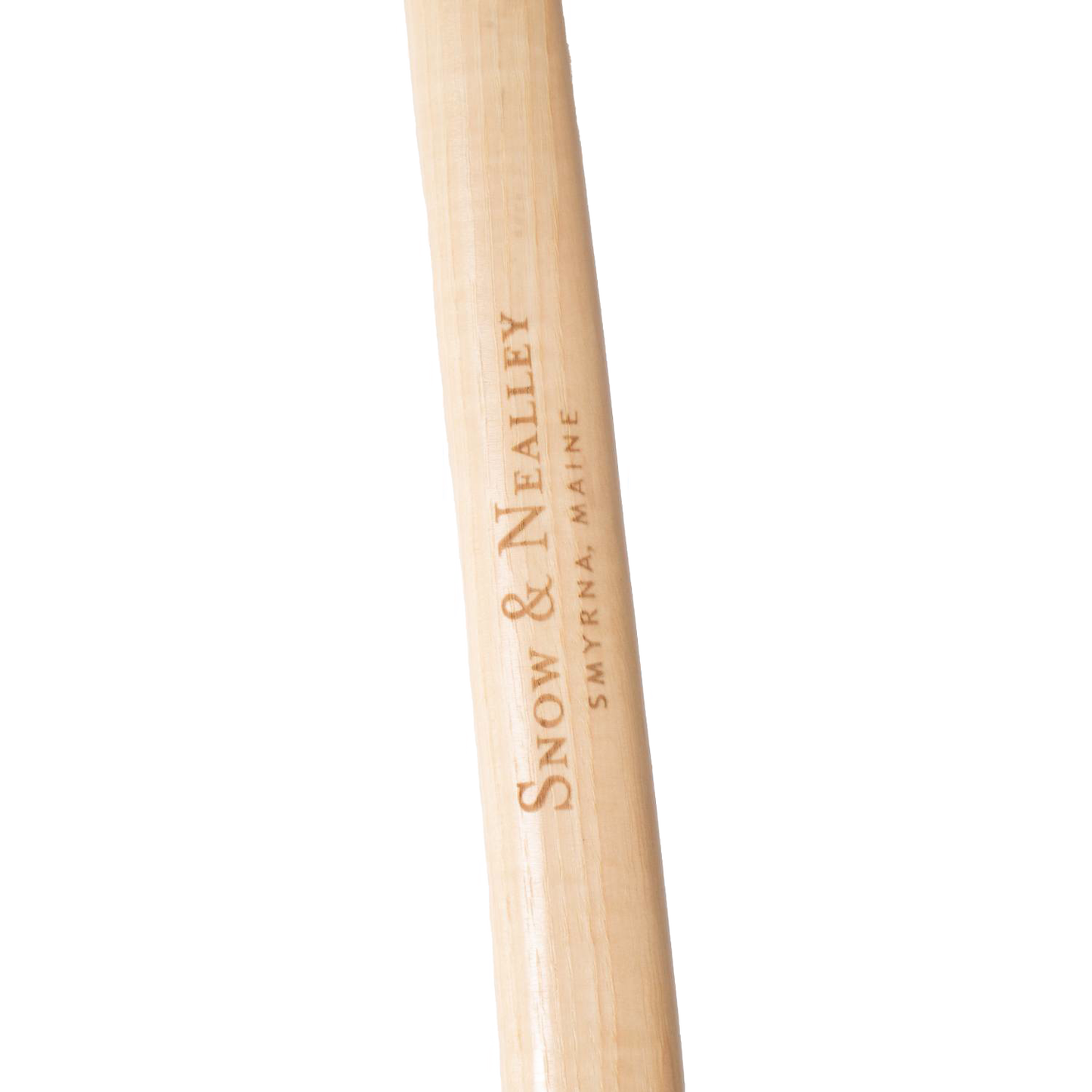 Handcrafted wooden axe handle engraved with Snow & Nealley logo, made in USA and Amish crafted, designed for farm, garden, and woodcutting tasks.