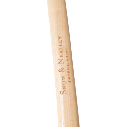Handcrafted wooden axe handle engraved with Snow & Nealley logo, made in USA and Amish crafted, designed for farm, garden, and woodcutting tasks.