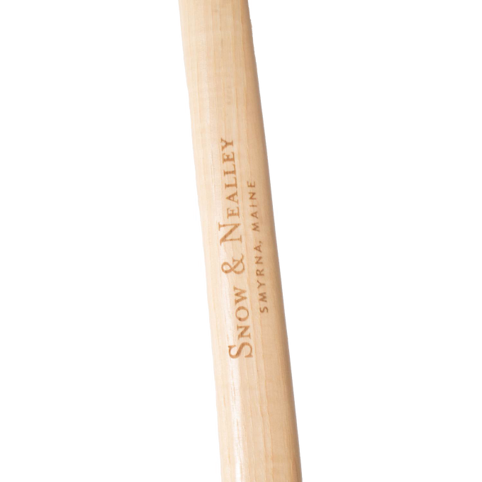 Handcrafted wooden axe handle engraved with Snow & Nealley logo, made in USA and Amish crafted, designed for farm, garden, and woodcutting tasks.