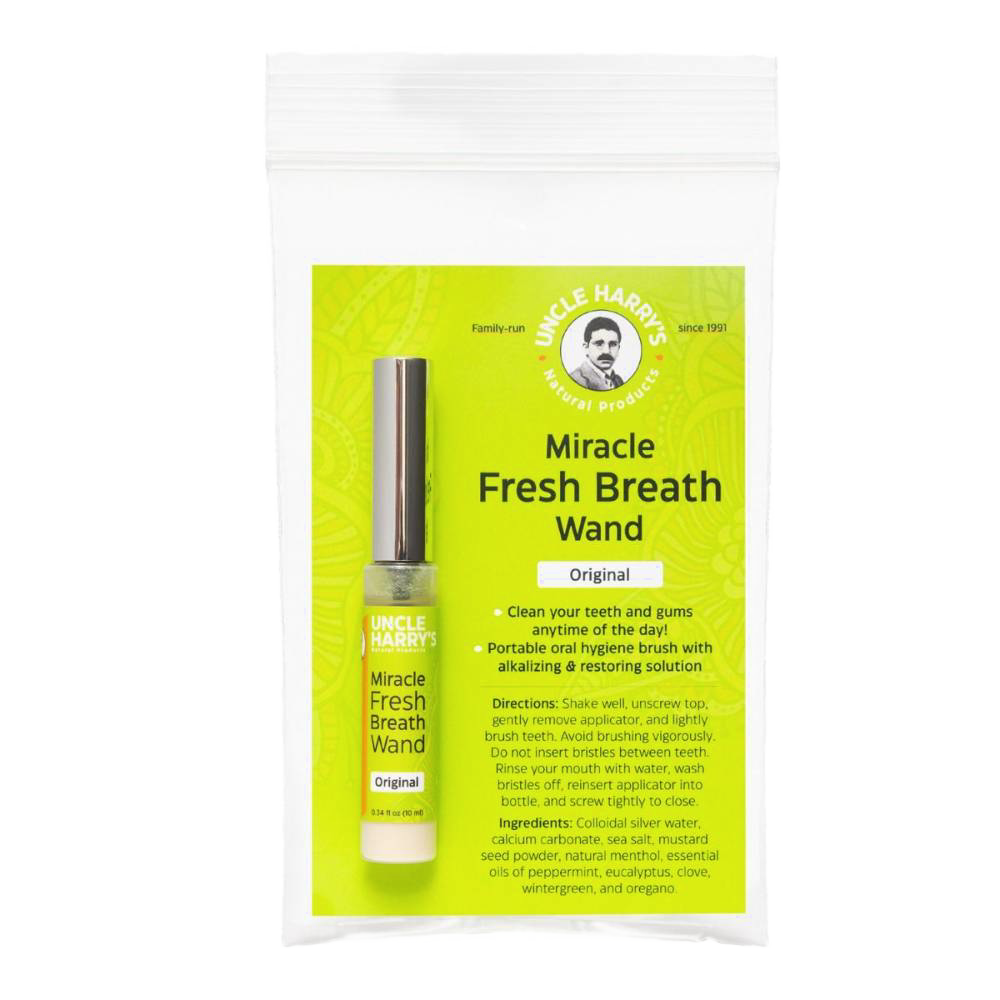 Handcrafted portable fresh breath wand in clear compact bottle with metal cap, featuring alkalizing oral hygiene solution, ideal for Health & Wellness, Grooming and Personal Hygiene, USA Made, and Best Sellers collections.