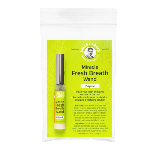 Handcrafted portable fresh breath wand in clear compact bottle with metal cap, featuring alkalizing oral hygiene solution, ideal for Health & Wellness, Grooming and Personal Hygiene, USA Made, and Best Sellers collections.