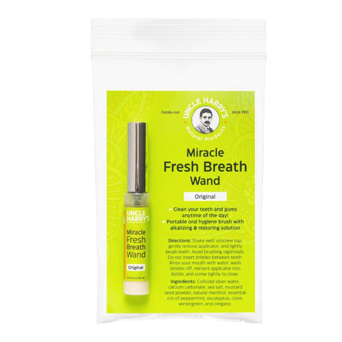 Handcrafted portable fresh breath wand in clear compact bottle with metal cap, featuring alkalizing oral hygiene solution, ideal for Health & Wellness, Grooming and Personal Hygiene, USA Made, and Best Sellers collections.