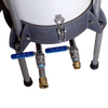 Close-up of the lower section of a high-capacity water-powered sausage stuffer featuring sturdy metal legs, dual blue-handled ball valves, and secure fittings, designed for Kitchen & Food, Specialty Equipment, Butchering Supplies, USA Made, Amish Made, and Best Sellers collections.