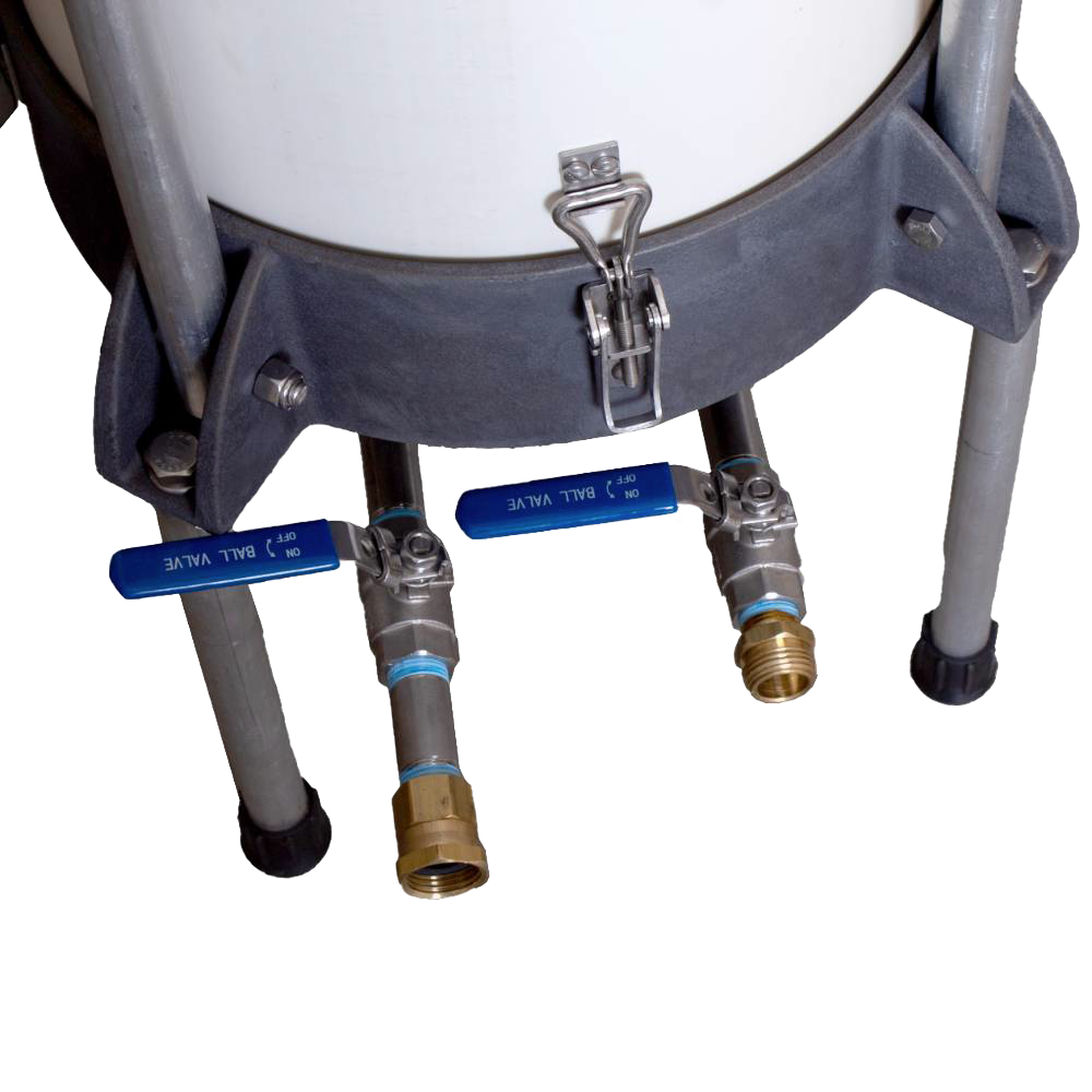 Close-up of the lower section of a high-capacity water-powered sausage stuffer featuring sturdy metal legs, dual blue-handled ball valves, and secure fittings, designed for Kitchen & Food, Specialty Equipment, Butchering Supplies, USA Made, Amish Made, and Best Sellers collections.